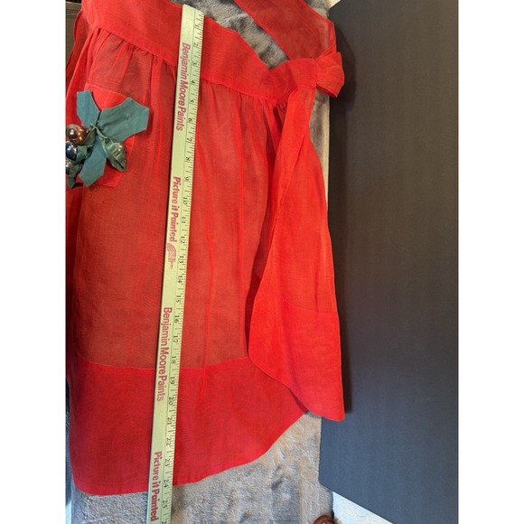 Vintage 50s 60s Christmas Half Apron Sheer Red Appliqued Holly Baubles Balls - Picture 9 of 13